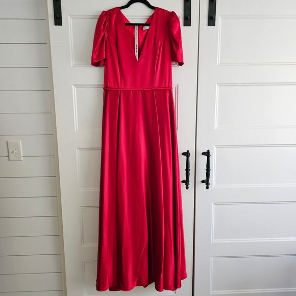 Mac Duggal 26606 Puff Sleeve A Line V Neck Satin Gown Long Dress Red Size 10 - Picture 2 of 11
